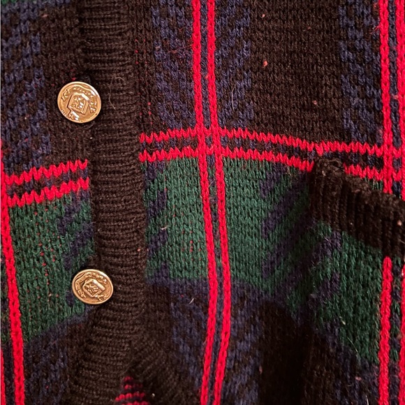 Vintage Tally Ho Sweater Women's Medium Cardigan Green Blue Red Plaid Pockets - Picture 3 of 4